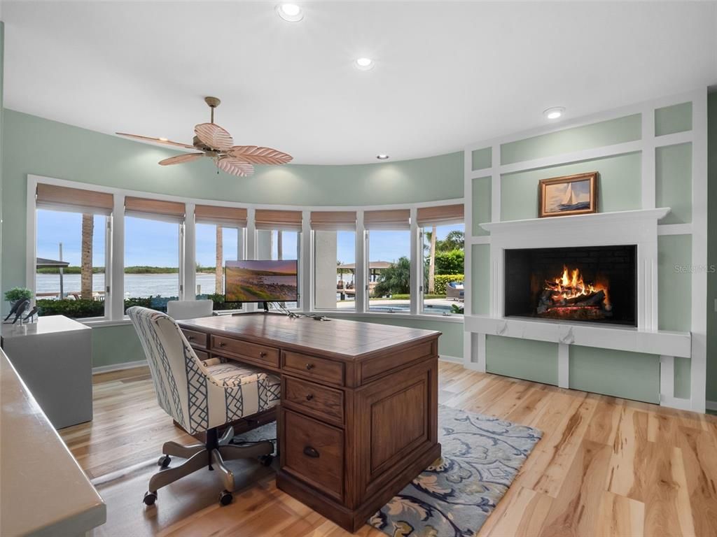 Fireplace, Home Office, Interior, Recessed Lighting, Water, Wood Texture Flooring
