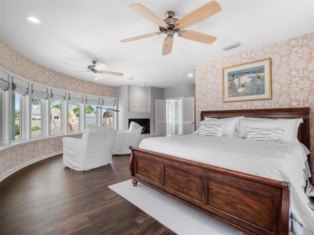 Bedroom, Fireplace, Interior, Recessed Lighting, Wood Texture Flooring