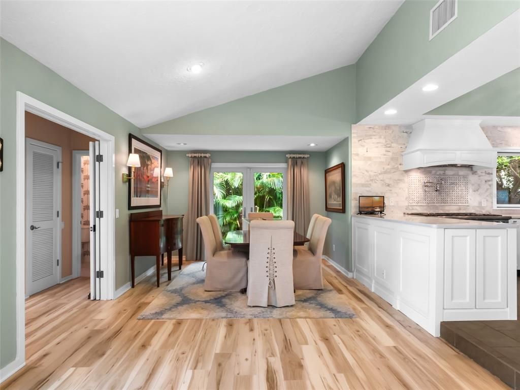 Dining room, Interior, Recessed Lighting, Wood Texture Flooring