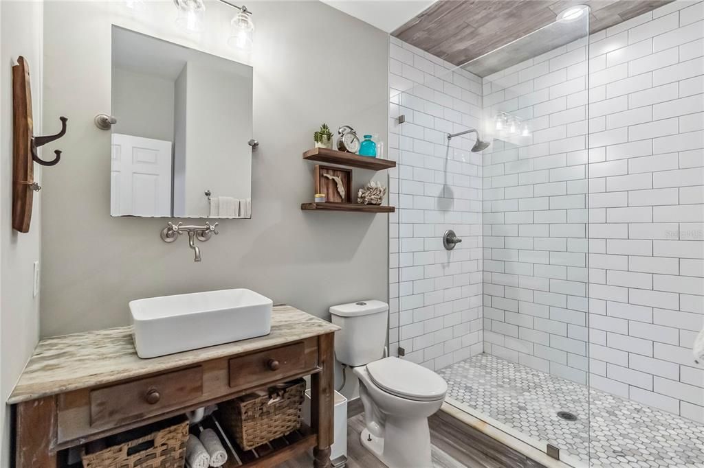 Bathroom, Glass Shower, Interior, Wood Texture Flooring
