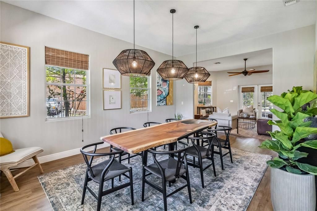 Dining room, Interior, Living room, Pendant Lights, Wood Texture Flooring