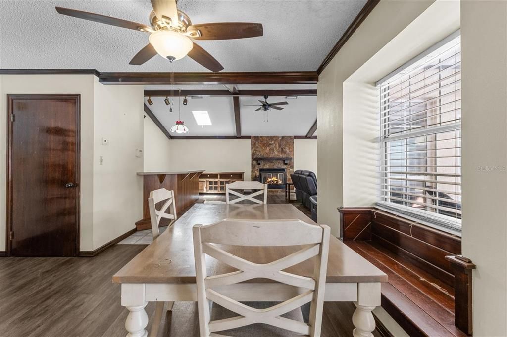 Dining room, Fireplace, Interior, Wood Texture Flooring