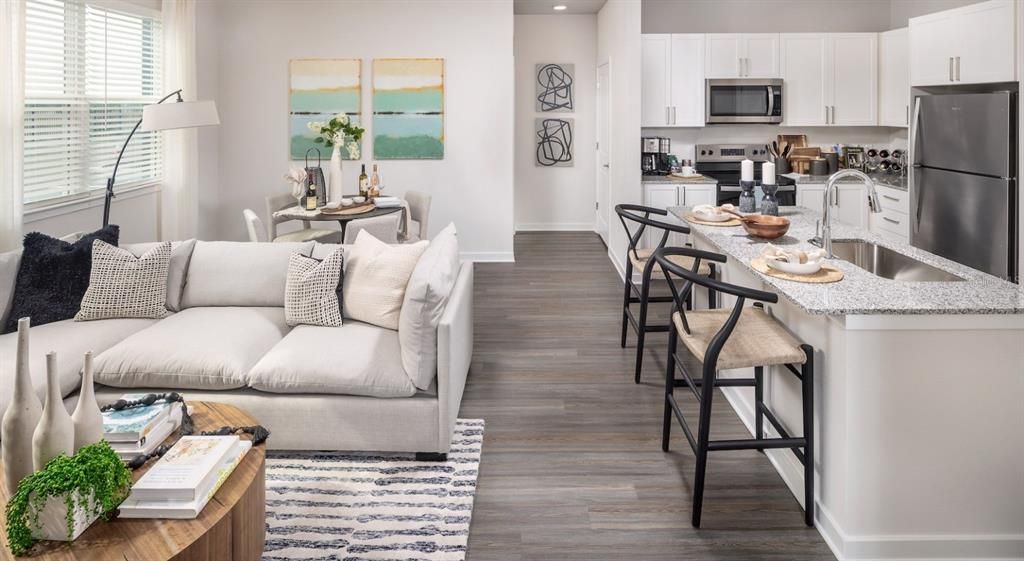 Dining room, Interior, Kitchen, Living room, Recessed Lighting, Stainless Steel Appliances, Wood Texture Flooring