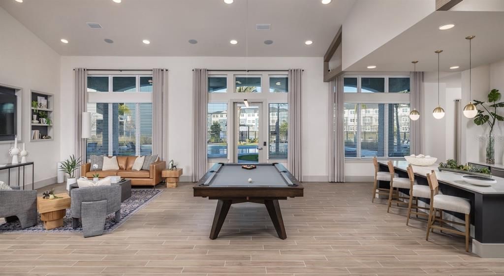 Billiard Table, Dining room, Game Room, Interior, Living room, Pendant Lights, Recessed Lighting, Wood Texture Flooring