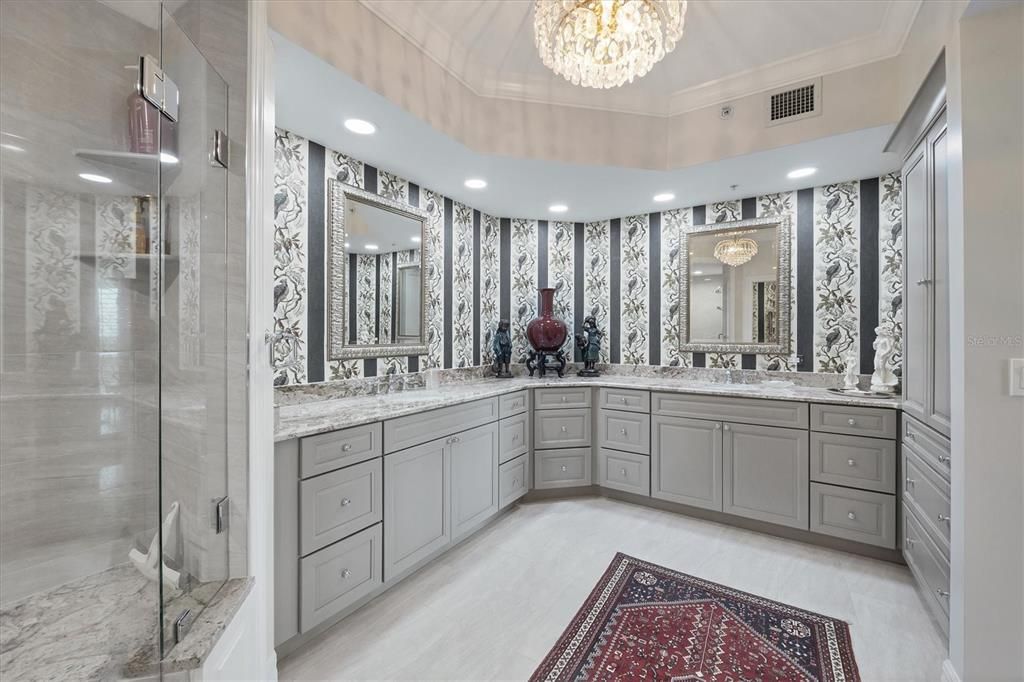 Bathroom, Chandelier, Dual Sink Vanities, Interior, Recessed Lighting