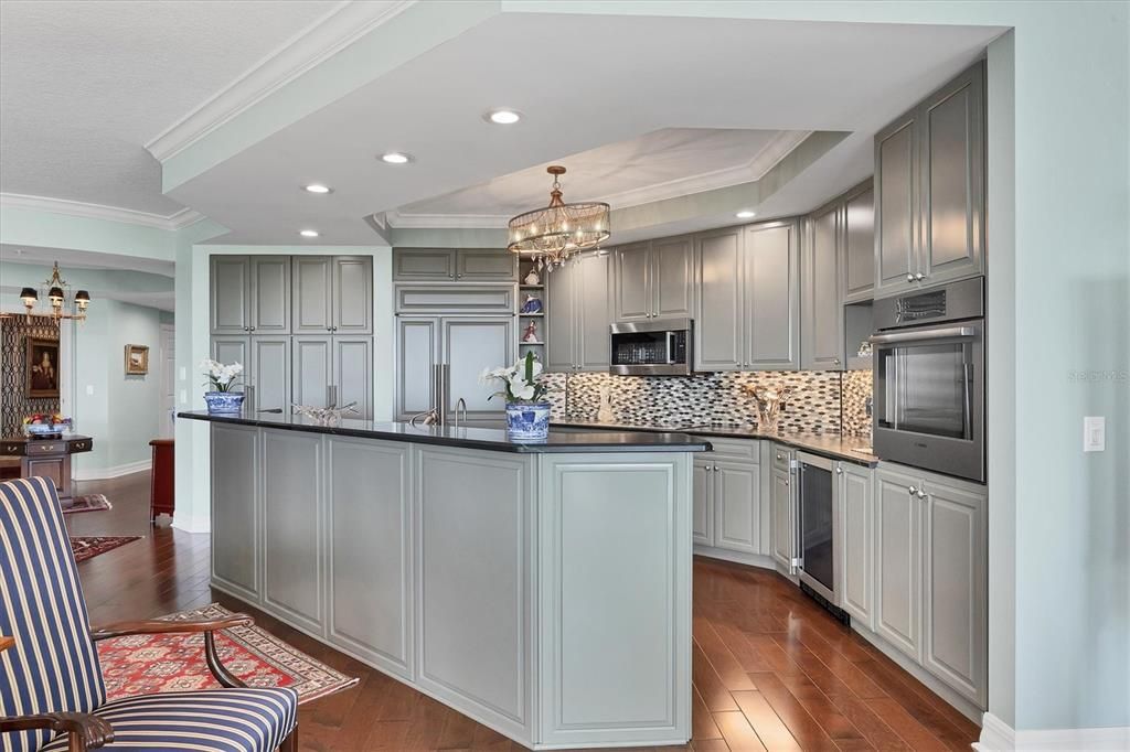 Chandelier, Interior, Kitchen, Recessed Lighting, Stainless Steel Appliances, Wood Texture Flooring