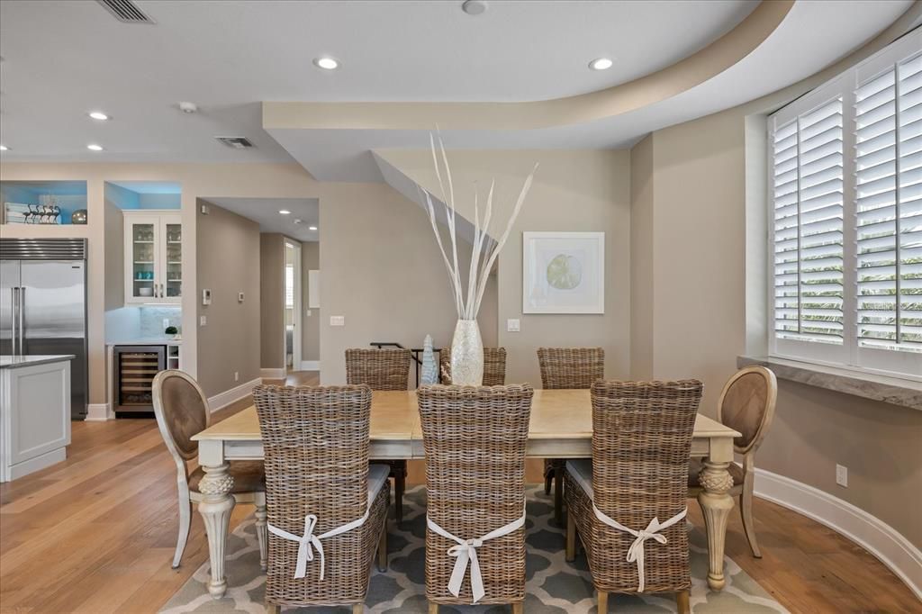 Dining room, Interior, Kitchen, Recessed Lighting, Stainless Steel Appliances, Wood Texture Flooring