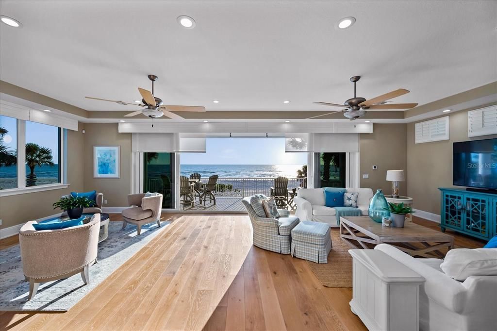 Fireplace, Interior, Living room, Recessed Lighting, Water, Wood Texture Flooring