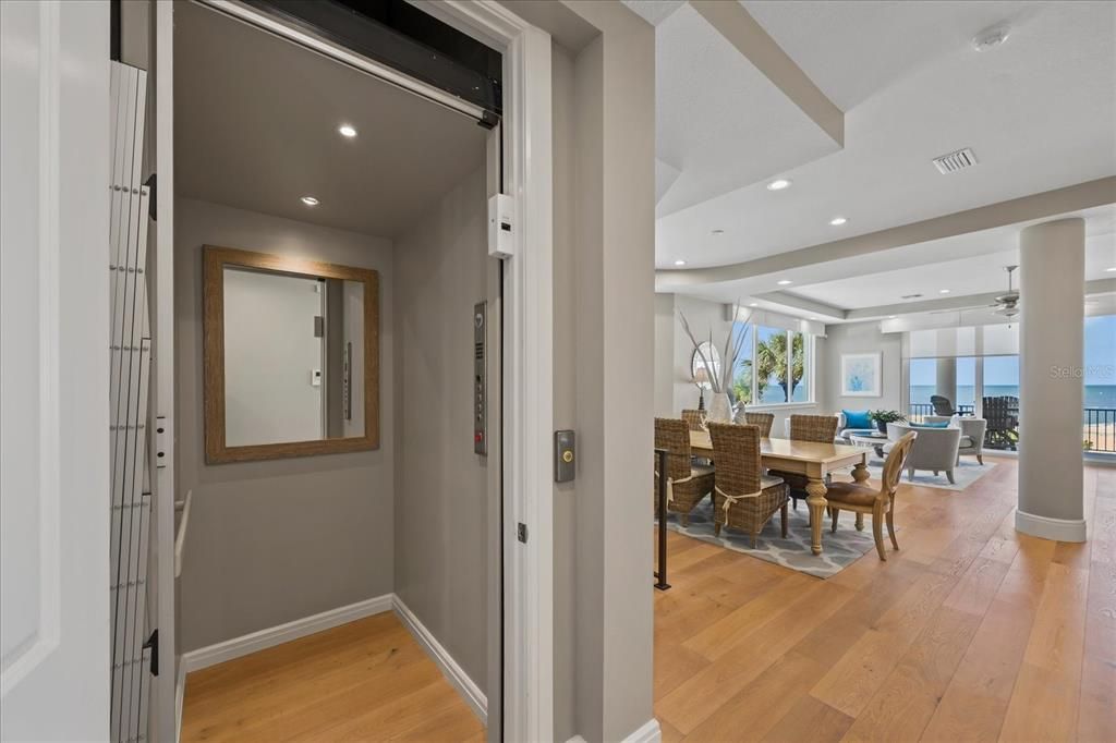 Dining room, Elevator, Interior, Recessed Lighting, Water, Wood Texture Flooring