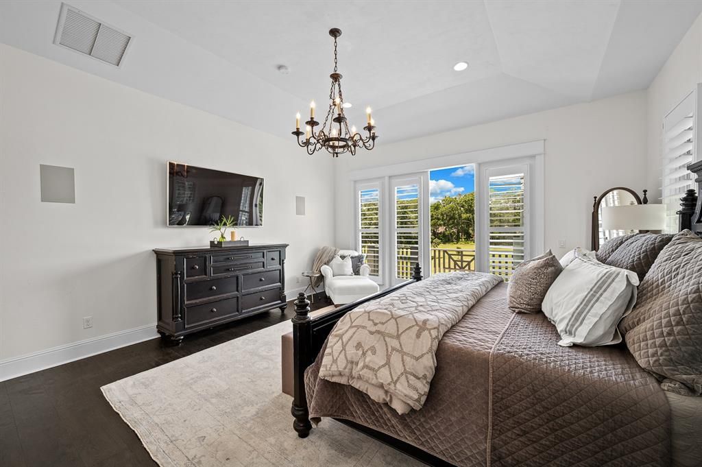 Bedroom, Chandelier, Interior, Recessed Lighting, Wood Texture Flooring