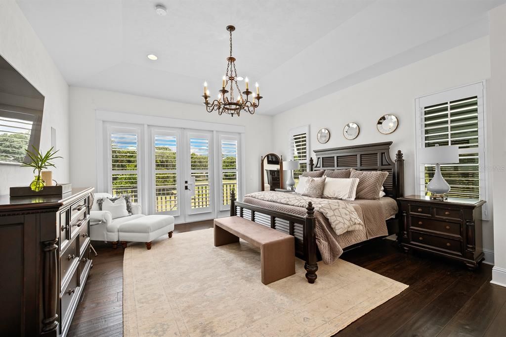 Bedroom, Chandelier, Interior, Recessed Lighting, Wood Texture Flooring