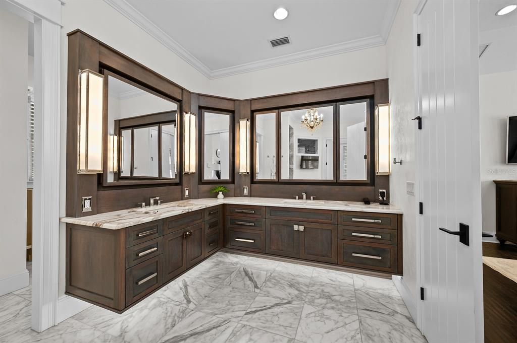 Bathroom, Dual Sink Vanities, Interior, Marble, Recessed Lighting