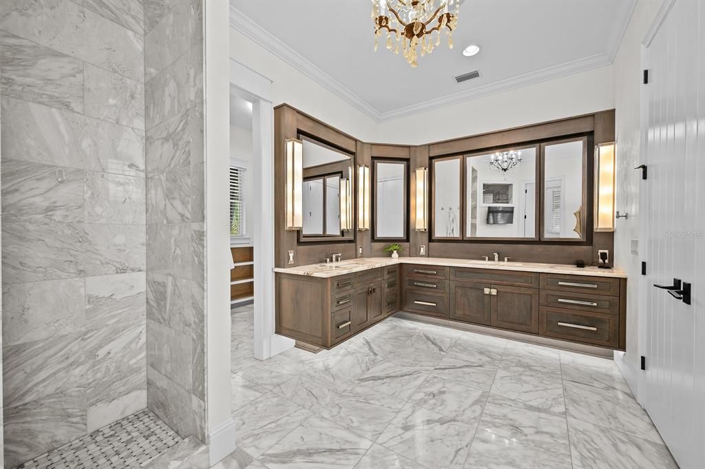 Bathroom, Chandelier, Dual Sink Vanities, Interior, Marble, Marble Walls, Recessed Lighting