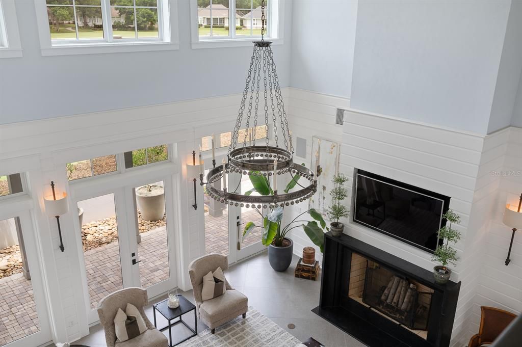 Chandelier, Fireplace, Interior