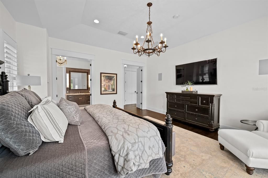 Bedroom, Chandelier, Interior, Recessed Lighting, Wood Texture Flooring