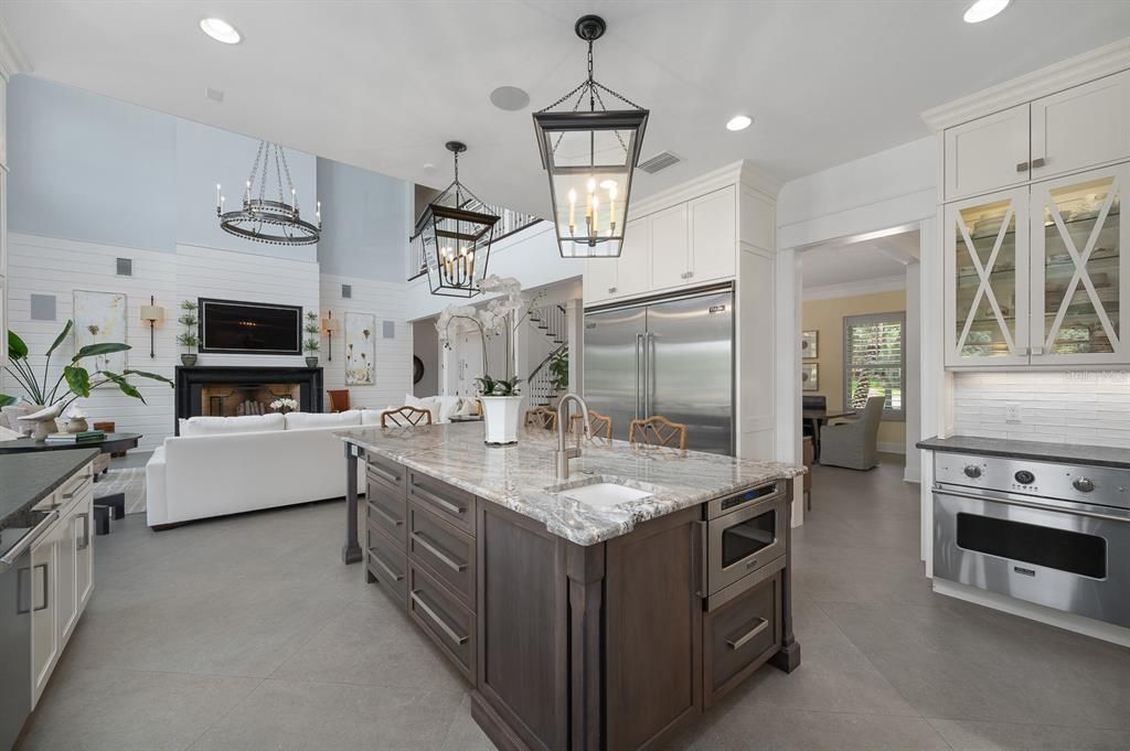 Fireplace, Interior, Kitchen, Living room, Pendant Lights, Recessed Lighting, Stainless Steel Appliances