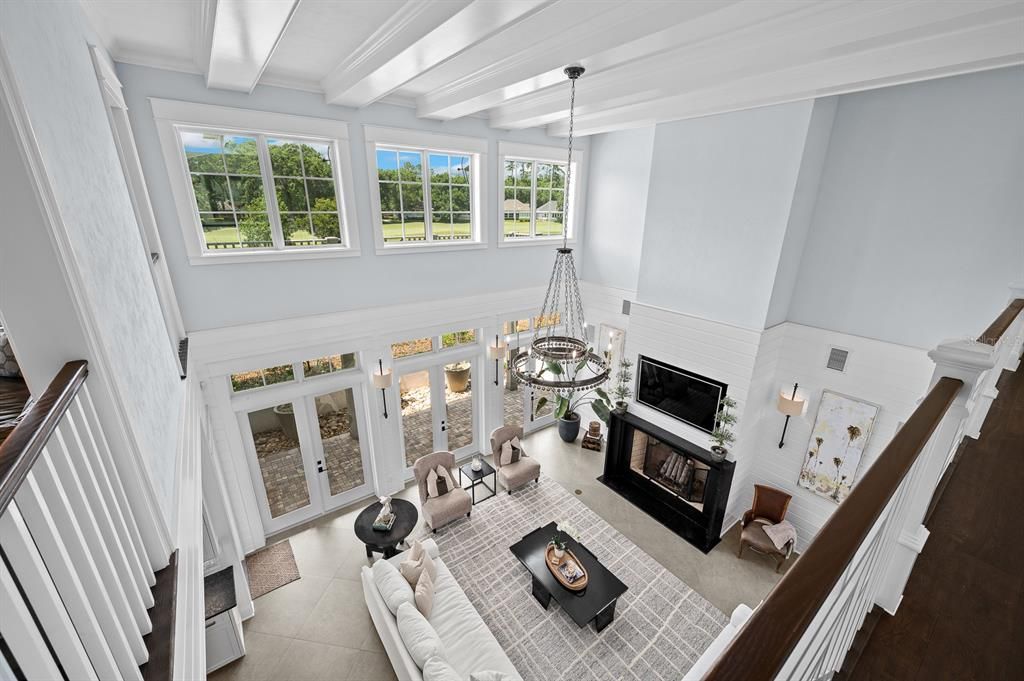 Chandelier, Fireplace, Interior, Living room