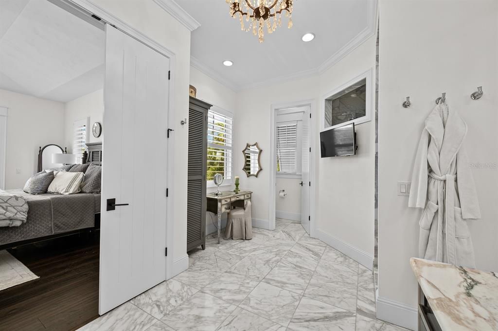 Bedroom, Chandelier, Interior, Marble, Recessed Lighting