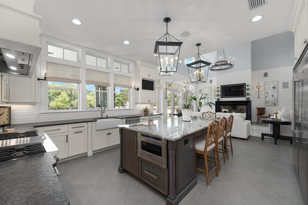 Fireplace, Interior, Kitchen, Living room, Pendant Lights, Recessed Lighting, Stainless Steel Appliances