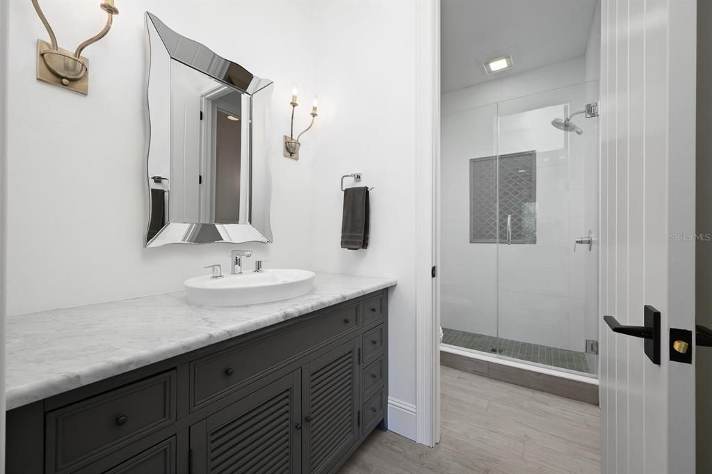 Bathroom, Glass Shower, Interior, Wood Texture Flooring