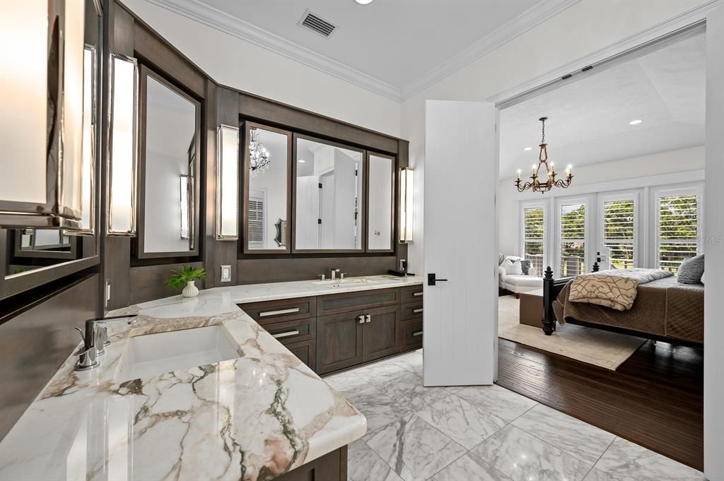 Bathroom, Bedroom, Chandelier, Dual Sink Vanities, Interior, Marble, Recessed Lighting, Wood Texture Flooring