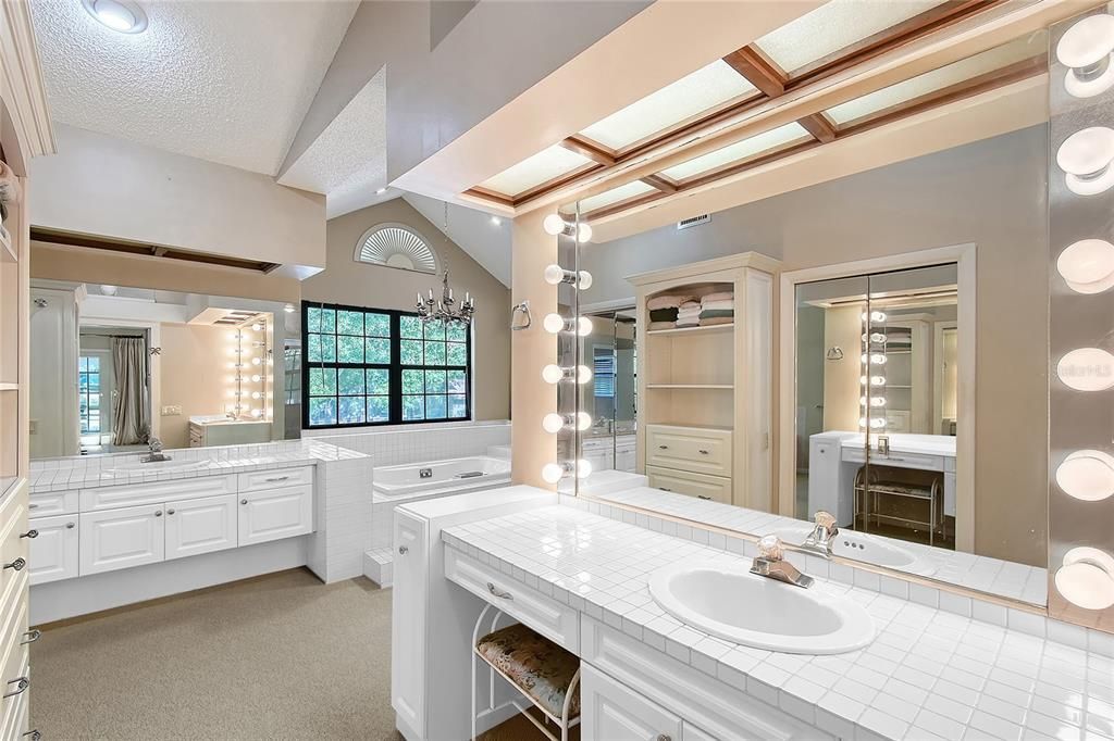 Bathroom, Dual Sink Vanities, Interior, Recessed Lighting, Tile Countertops