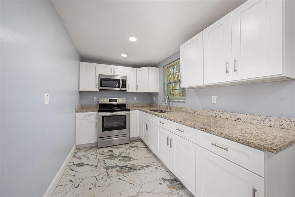 Interior, Kitchen, Marble, Recessed Lighting, Stainless Steel Appliances