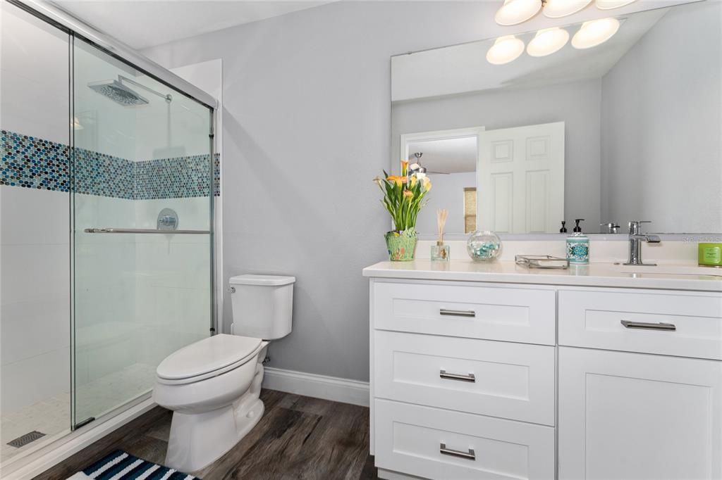Bathroom, Glass Shower, Interior, Wood Texture Flooring