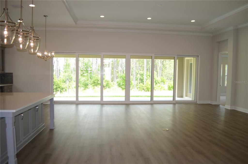 Empty room, Interior, Pendant Lights, Recessed Lighting, Wood Texture Flooring