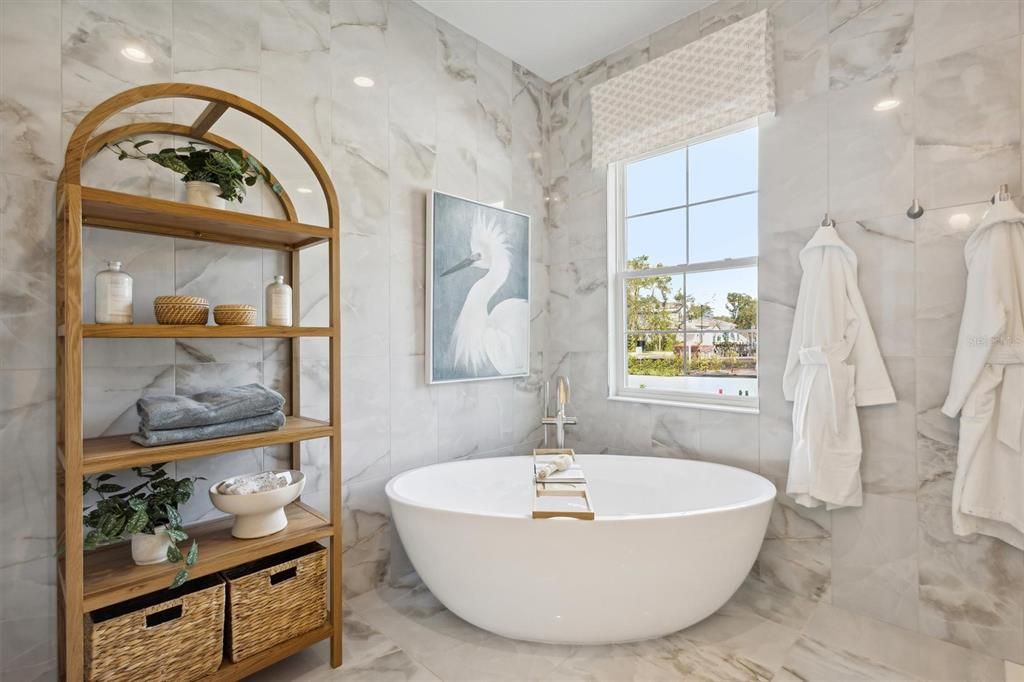 Bathroom, Free Standing Baths, Interior, Marble, Marble Walls, Recessed Lighting