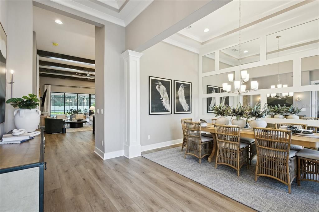 Chandelier, Dining room, Interior, Pendant Lights, Recessed Lighting, Wood Texture Flooring
