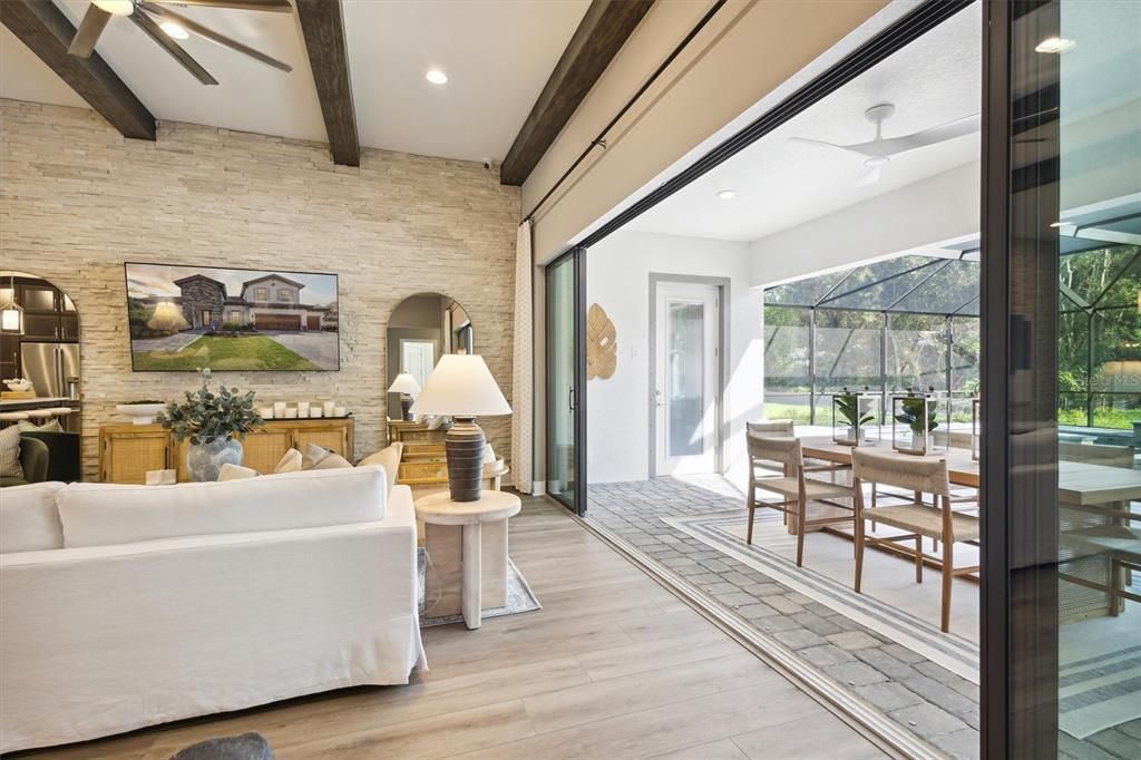 Dining room, Interior, Living room, Recessed Lighting, Stone Walls, Wooden Beams, Wood Texture Flooring