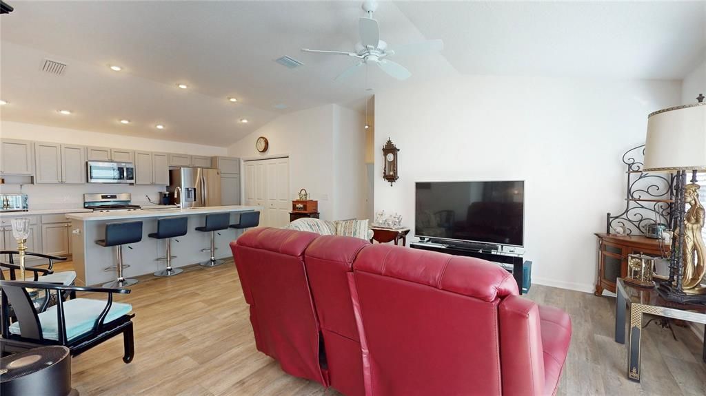 Interior, Kitchen, Living room, Recessed Lighting, Stainless Steel Appliances, Wood Texture Flooring