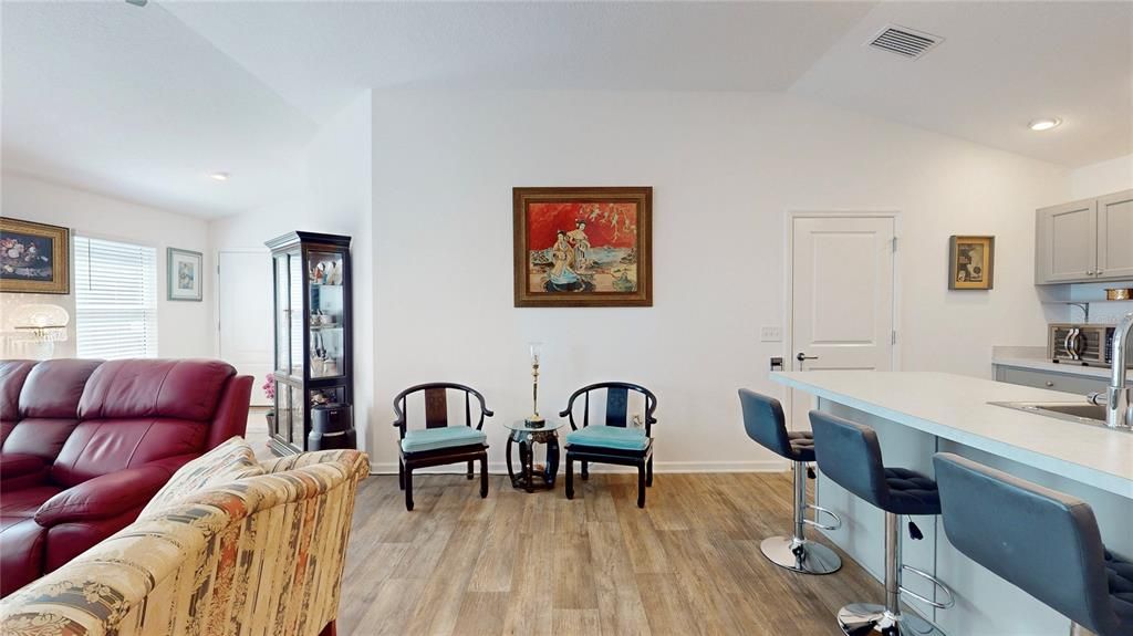 Dining room, Interior, Kitchen, Living room, Recessed Lighting, Wood Texture Flooring