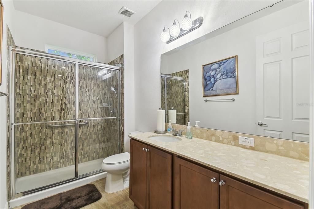 Bathroom, Glass Shower, Interior, Wood Texture Flooring