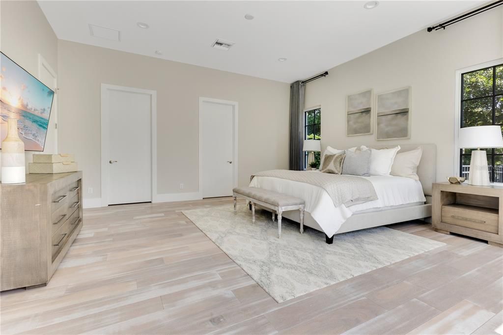 Bedroom, Interior, Recessed Lighting, Wood Texture Flooring