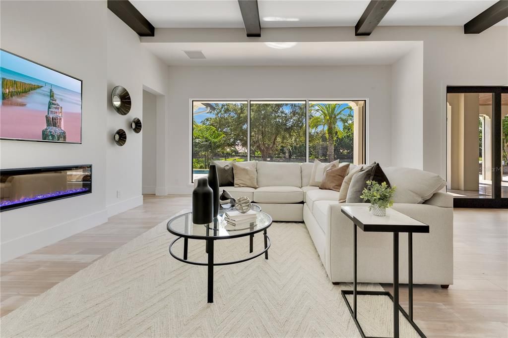 Fireplace, Interior, Living room, Recessed Lighting, Wooden Beams, Wood Texture Flooring