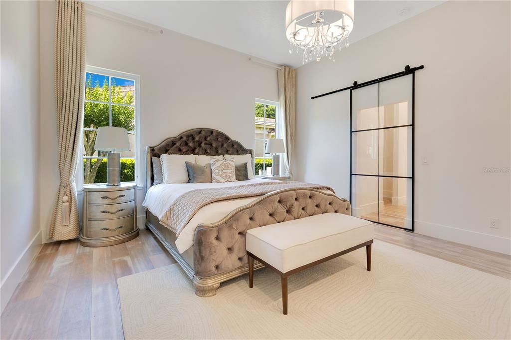 Bedroom, Chandelier, Interior, Wood Texture Flooring