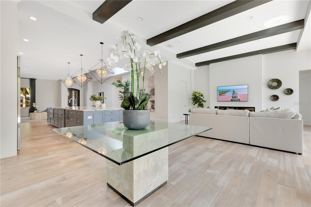 Interior, Living room, Pendant Lights, Recessed Lighting, Wooden Beams, Wood Texture Flooring