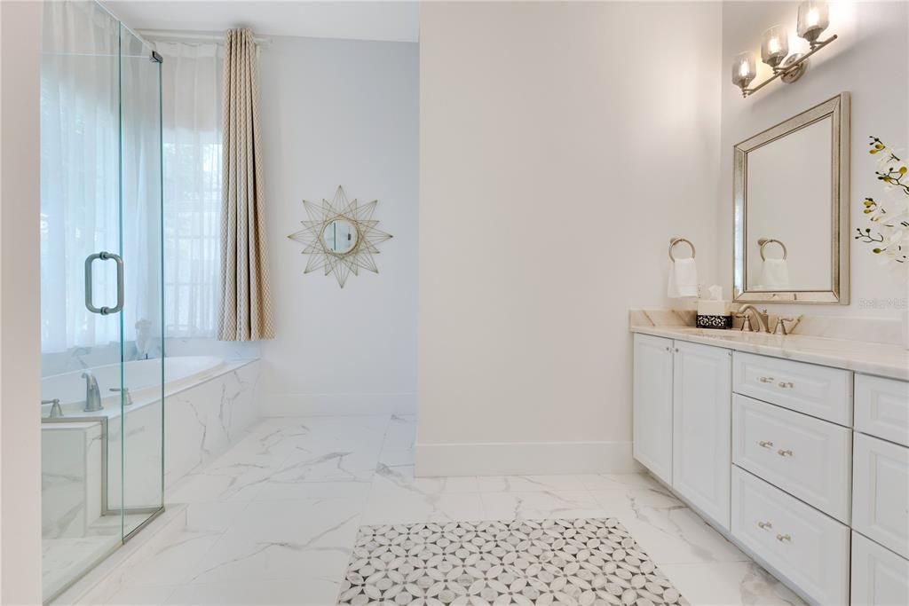 Bathroom, Dual Sink Vanities, Glass Shower, Interior, Marble
