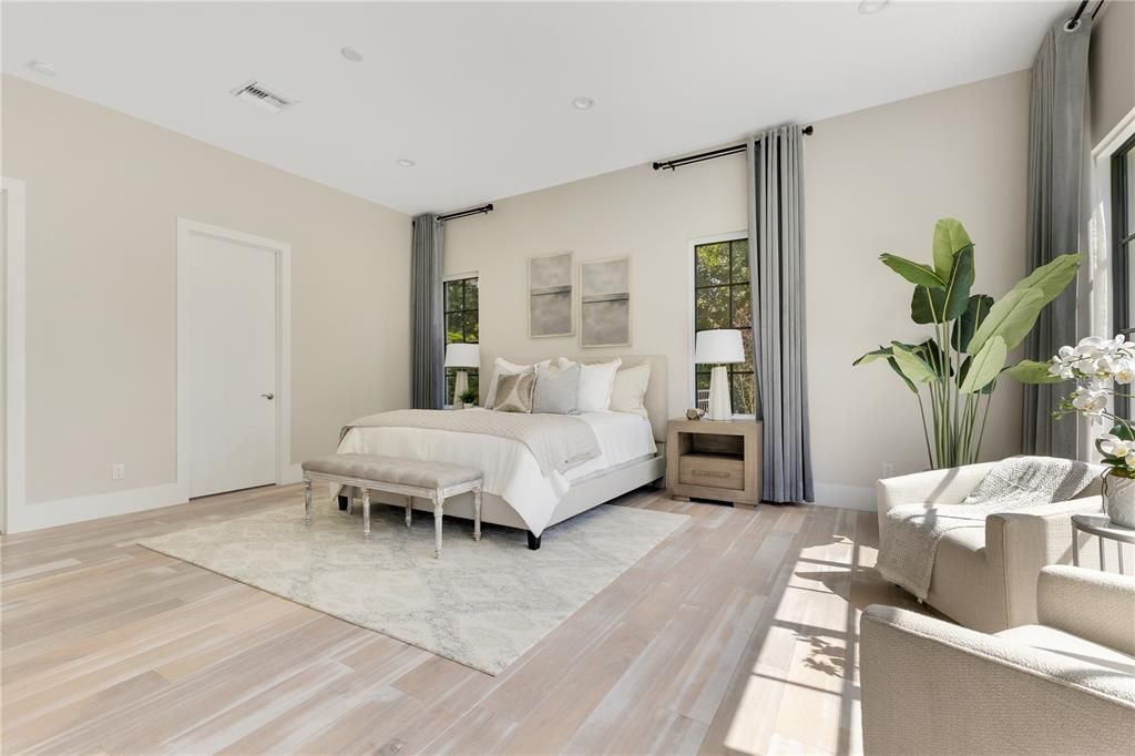 Bedroom, Interior, Recessed Lighting, Wood Texture Flooring