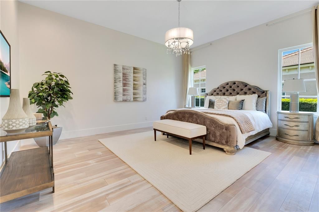 Bedroom, Chandelier, Interior, Wood Texture Flooring