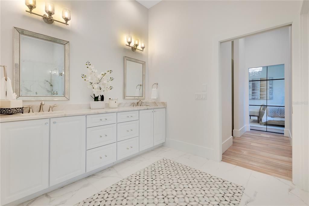 Bathroom, Dual Sink Vanities, Interior, Marble, Wood Texture Flooring