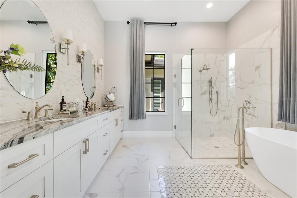 Bathroom, Dual Sink Vanities, Free Standing Baths, Glass Shower, Interior, Marble, Marble Walls, Recessed Lighting
