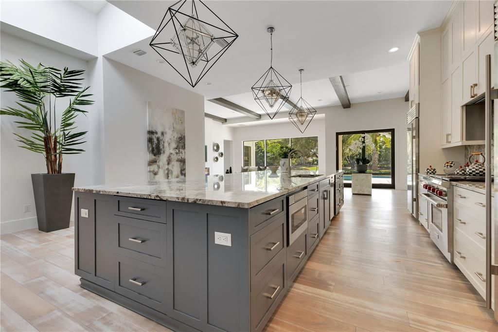 Chandelier, Interior, Kitchen, Pendant Lights, Recessed Lighting, Wooden Beams, Wood Texture Flooring