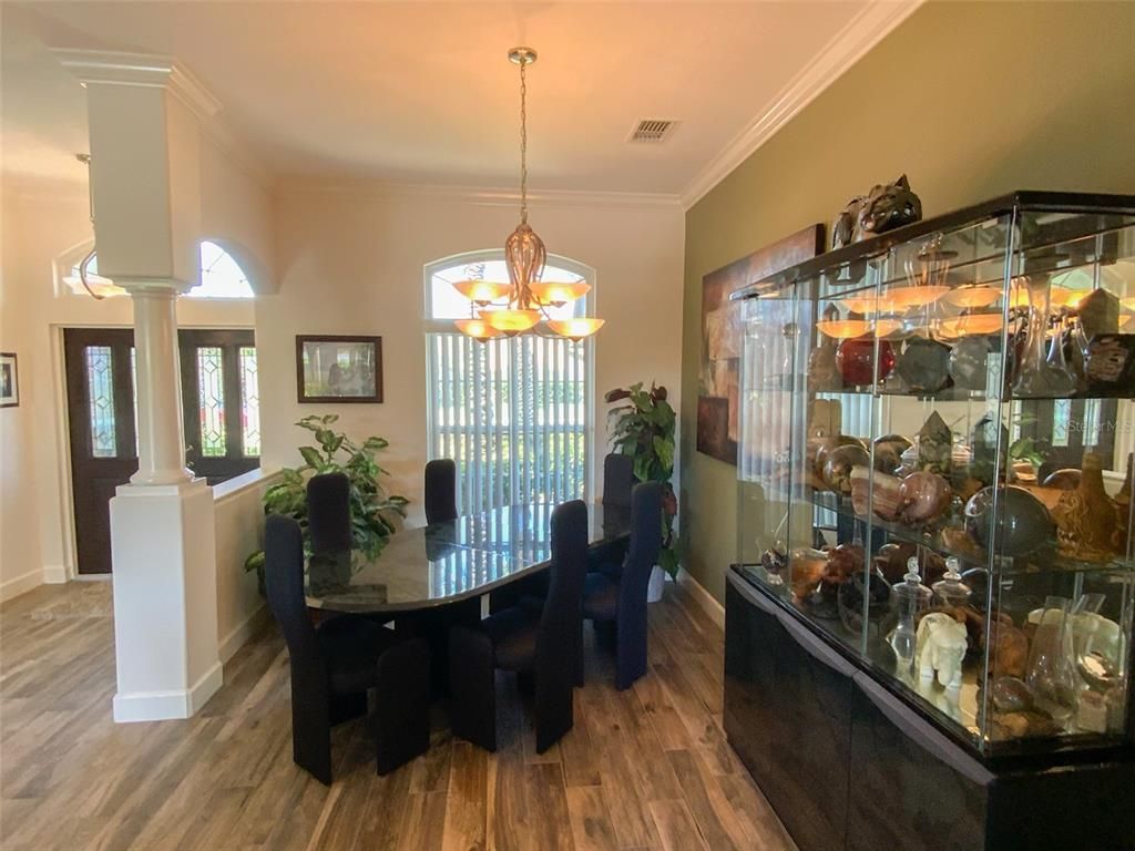 Dining room, Interior, Pendant Lights, Wood Texture Flooring
