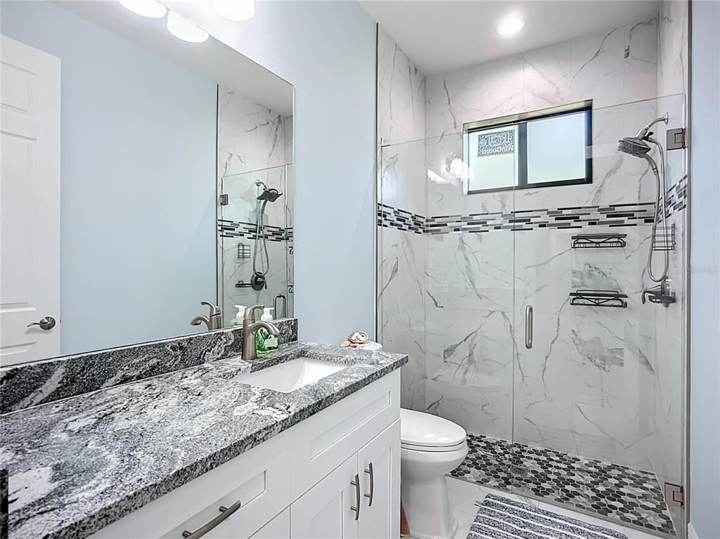 Bathroom, Glass Shower, Interior, Marble Walls, Recessed Lighting