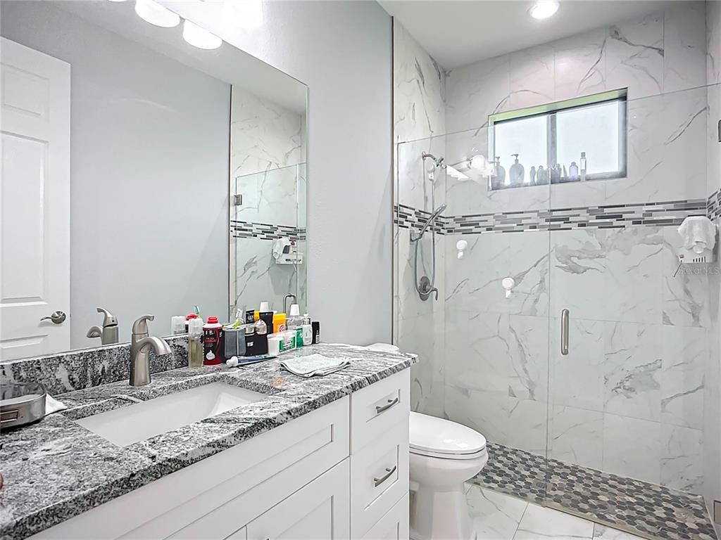 Bathroom, Glass Shower, Interior, Marble, Marble Walls, Recessed Lighting