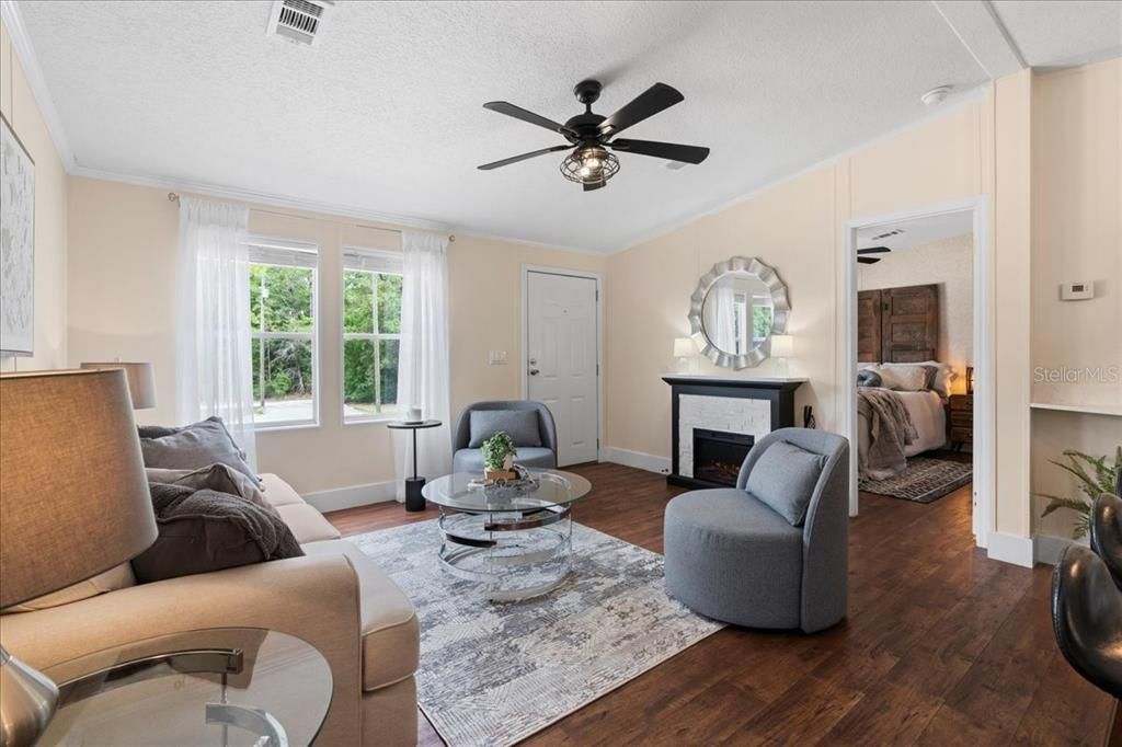 Bedroom, Fireplace, Interior, Living room, Wood Texture Flooring