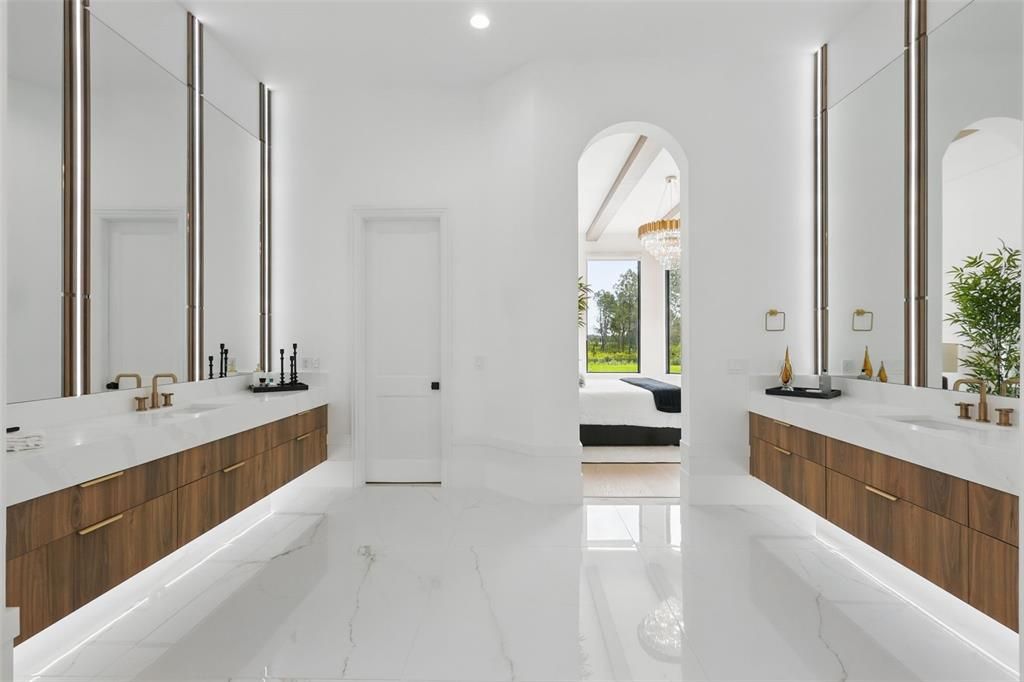 Bathroom, Chandelier, Dual Sink Vanities, Interior, Marble, Recessed Lighting